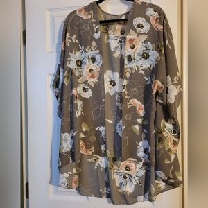 Grey Floral Open-Front Kimono